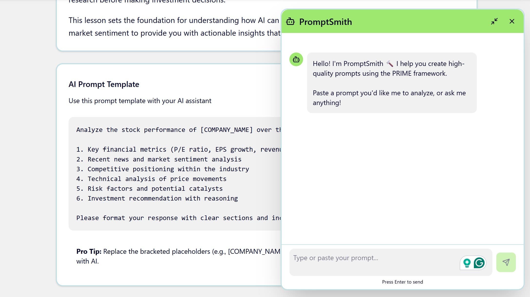 PromptSmith interface showing investment analysis